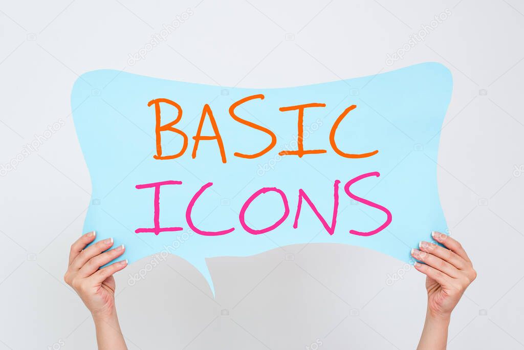 Conceptual hand writing showing Basic Icons. Business photo showcasing pictogram or ideogram displayed on a computer screen or phone Empty bubble chat sticker mock up emphasizing personal idea.