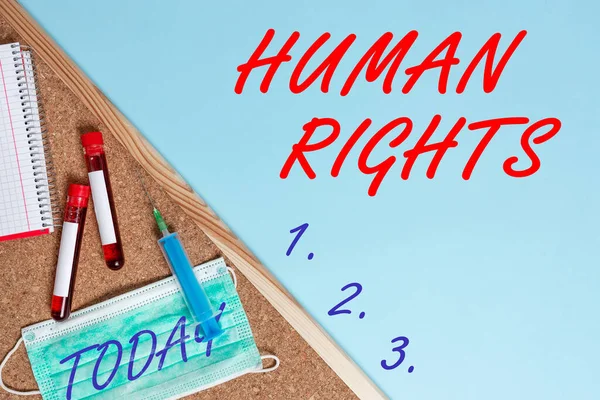 İnsan haklarını gösteren kavramsal el yazısı. İş fotoğrafı metni Ahlak İlkeleri Standartları Kanun Kanı numune şişesi tıbbi aksesuarları tarafından korunan bir gösterge Normları incelenmeye hazır.