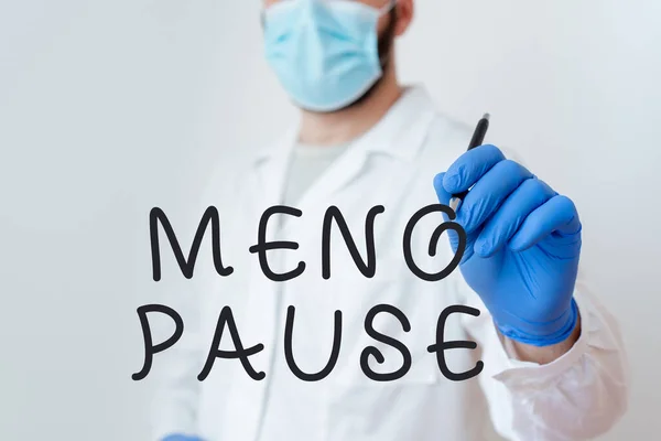 Conceptual hand writing showing Meno Pause. Business photo text the process through which a ceases to be fertile or menstruate Laboratory Technician Featuring Sticker Paper Smartphone.