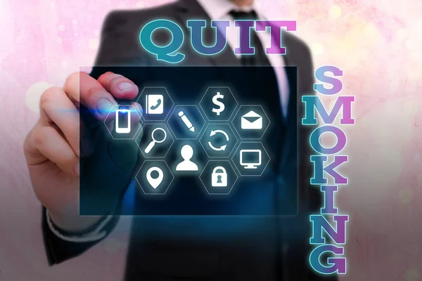 Escribiendo nota que muestra dejar de fumar. Exhibición de fotos de negocios Descontinuar o detener el uso de la adicción al tabaco Información Elementos infográficos de la red de tecnología digital. — Foto de Stock
