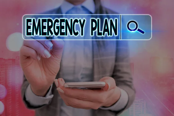 Writing note showing Emergency Plan. Business photo showcasing actions to be conducted in a certain order or manner Web search digital information futuristic technology network connection. — Stock Photo, Image