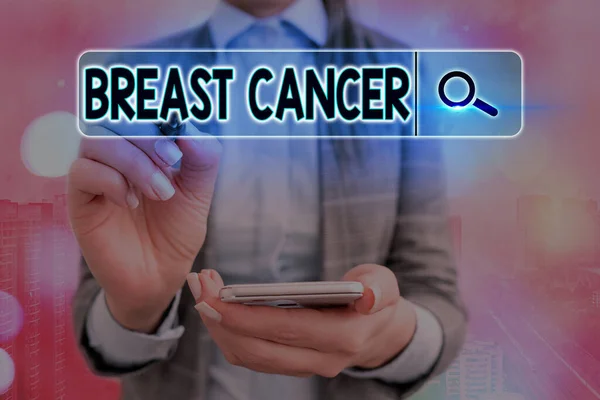 Writing note showing Breast Cancer. Business photo showcasing disease in which cells in the breast grow out of control Web search digital information futuristic technology network connection. — Stock Photo, Image