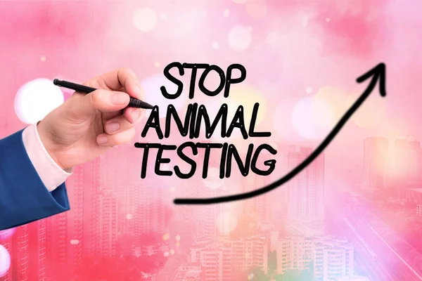 Konceptuell handstil som visar Stop Animal Testing. Business photo text sätta stopp för djurförsök eller forskning Digital pilspets kurva betecknar tillväxt utveckling koncept. — Stockfoto