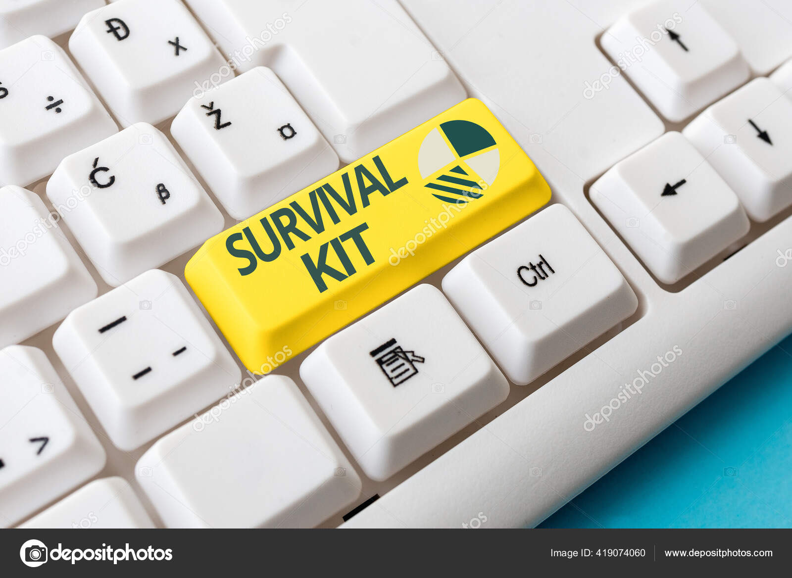 Conceptual hand writing showing Survival Kit. Business photo text Emergency  Equipment Collection of items to help someone Colored PC keyboard key With  Accessories on Empty background. Stock Photo by ©artursz 419074060