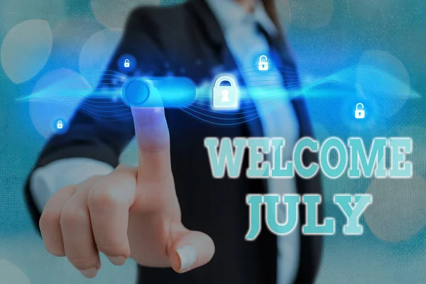 Conceptual hand writing showing Welcome July. Business photo showcasing Calendar Seventh Month 31days Third Quarter New Season Graphics padlock for web data security application system.