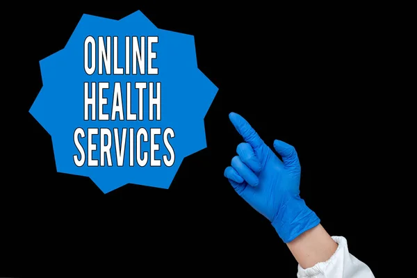 Conceptual hand writing showing Online Health Services. Business photo text healthcare delivered and enhanced through the internet Empty sticker paper accessories smartphone with medical gloves on. — Stock Photo, Image