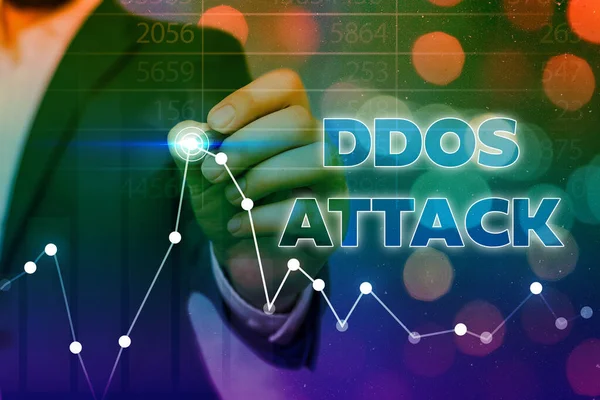 Ddos Attack 를 보여 주는 콘셉트 손 글씨. 비즈니스 사진 텍스트가 해자는 네트워크 리소스를 사용 할 수없는 애로우 상징을 인상하여 중요 한 성과를 달성하려고 노력 한다.. — 스톡 사진