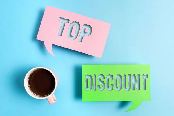 Handwriting text Top Discount. Concept meaning Best Price Guaranteed Hot Items Crazy Sale Promotions Paper accesories with digital smartphone arranged on different background. — Stock Photo, Image