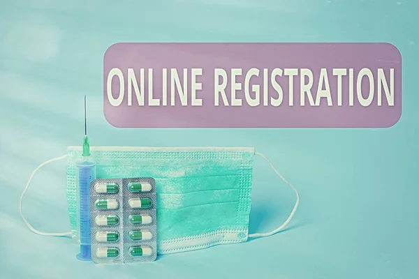 Writing note showing Online Registration. Business photo showcasing System for subscribing or registering via the Internet Primary medical precautionary equipments for health care protection.