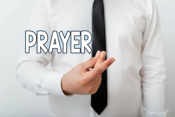 Text sign showing Prayer. Conceptual photo solemn request for help or expression of thanks addressed to God Model with pointing hand finger symbolizing navigation progress growth. — Stock Photo, Image