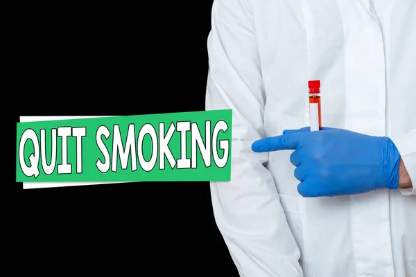 Writing note showing Quit Smoking. Business photo showcasing the process of discontinuing or stopping tobacco smoking Displaying Sticker Paper Accessories With Medical Gloves On. — Stock Photo, Image