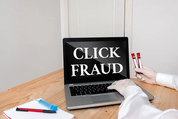 Writing note showing Click Fraud. Business photo showcasing practice of repeatedly clicking on advertisement hosted website Blood sample vial lastest technology ready for examination. — Stock Photo, Image