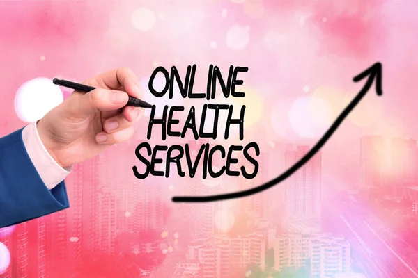 Conceptual hand writing showing Online Health Services. Business photo text healthcare delivered and enhanced through the internet Digital arrowhead curve denoting growth development concept. — Stock Photo, Image