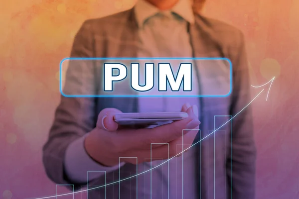 Pum 이라는 글자를 쓴다. 개념은 합법적 인 응용 프로그램에 의해 수행 될 수있는 원하지 않는 변화를 의미 합니다. 위로 올라가는 화살표 기호는 중요 한 성취를 나타내는 포인트를 나타냅니다.. — 스톡 사진