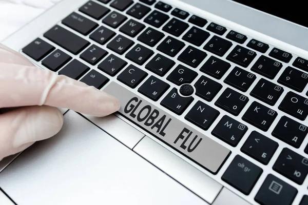 Writing note showing Global Flu. Business photo showcasing Common communicable illness spreading over the worldwide fastly Different Colored PC keyboard key With Accessories on Empty background.