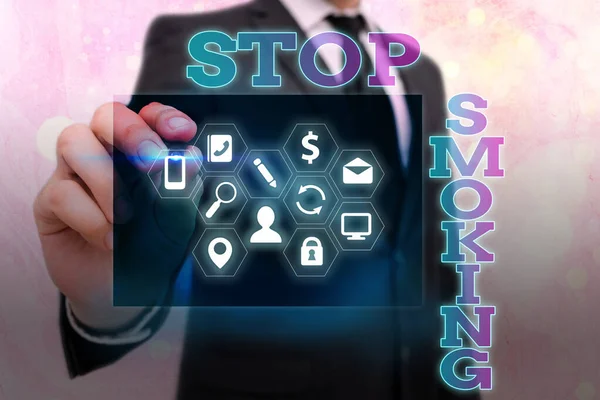 Writing note showing Stop Smoking. Business photo showcasing Discontinuing or stopping the use of tobacco addiction Information digital technology network infographic elements. — Stock Photo, Image