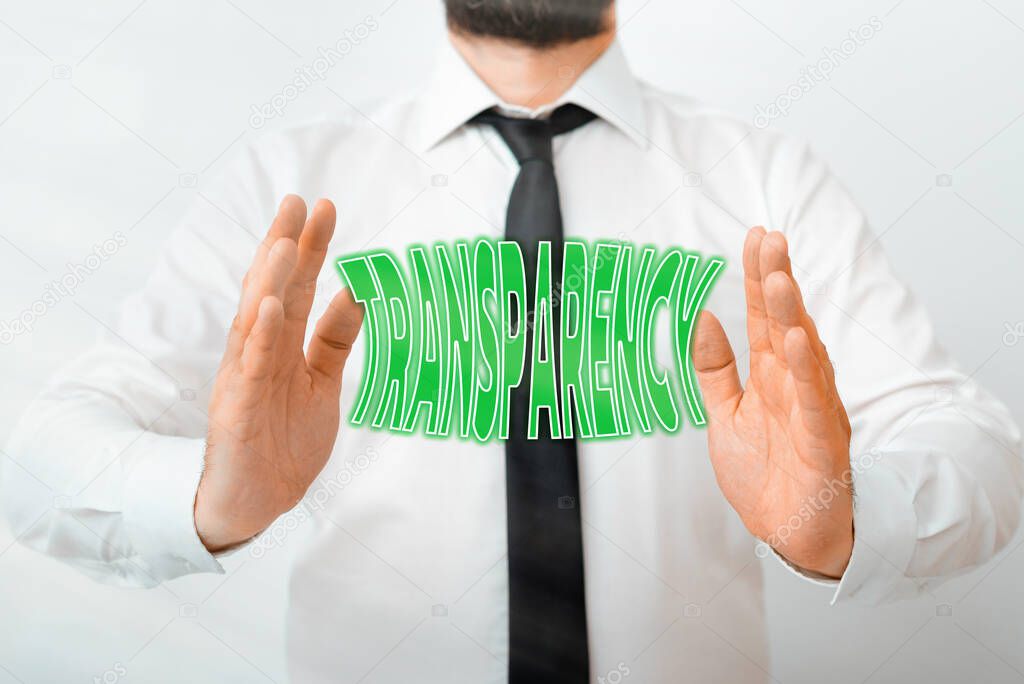 Writing note showing Transparency. Business photo showcasing something transparent especially a picture viewed by light Model with pointing hand finger symbolizing navigation progress growth.