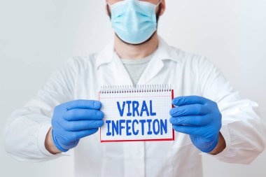 El yazısı metni Viral Enfeksiyon. Konsept, hücrelerin zararlı virüs üretiminde kullanıldığı anlamına geliyor. Laboratuvar Teknisyenleri Boş Çıkartma Kağıt Aksesuarları.