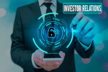 Kelime yazma Yatırımcı İlişkileri. Web veri güvenliği uygulama sistemi için Graphics asma kilidini birleştiren yönetim sorumluluğu konsepti.