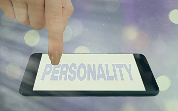 Conceptual hand writing showing Personality. Business photo showcasing the condition or fact of relating to a particular an individual Modern gadgets white screen under colorful bokeh background. — Stock Photo, Image