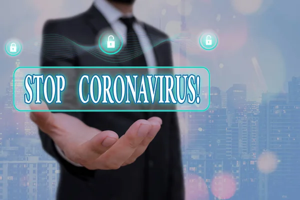 Menulis catatan yang menunjukkan Stop Coronavirus. Foto bisnis yang menampilkan kampanye kesadaran penyakit berjuang untuk mengurangi COVID19 kasus Padlock grafis untuk sistem aplikasi keamanan data web. — Stok Foto