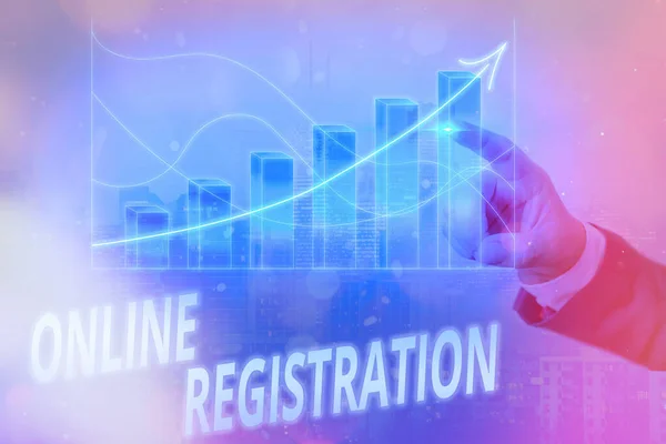 Writing note showing Online Registration. Business photo showcasing System for subscribing or registering via the Internet Arrow symbol going upward showing significant achievement.
