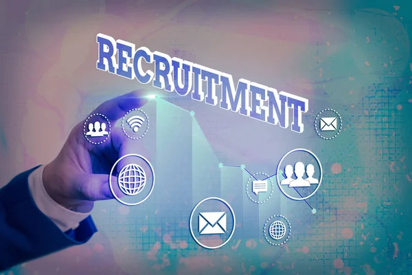 Writing note showing Recruitment. Business photo showcasing action of finding new possible employee to join organization or support Arrow symbol going upward showing significant achievement. — Stock Photo, Image