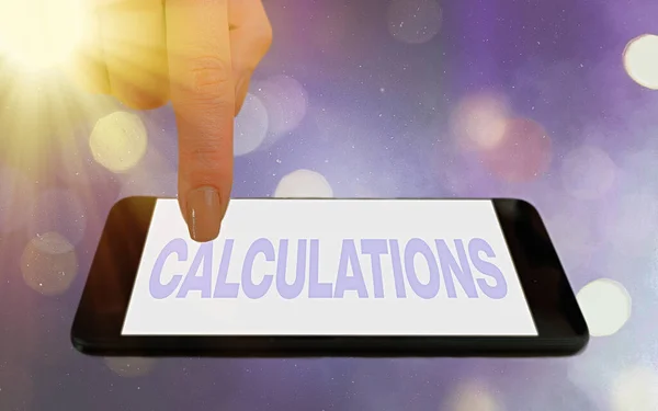 계산을 보여 주는 손 글씨입니다. Business photo showing mathematical decition of the size or number of Modern gadgets white screen under colorful bokeh background. — 스톡 사진