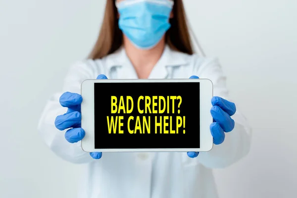 Handwriting text Bad Creditquestion We Can Help. Concept meaning offer help to gain positive payment history Laboratory technician featuring empty sticker paper accessories smartphone.