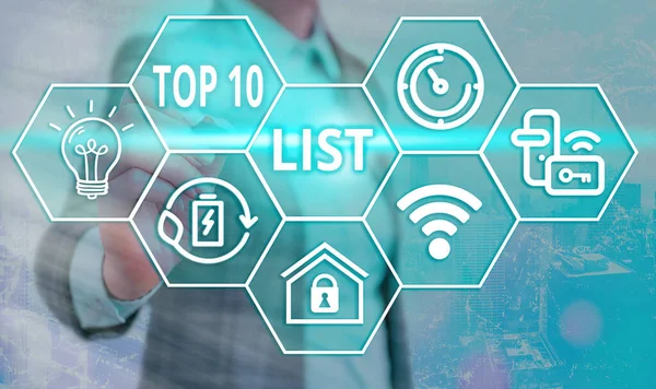 Conceptual hand writing showing Top 10 List. Business photo showcasing the ten most important or successful items in a particular list Grids and different icons latest digital technology concept.