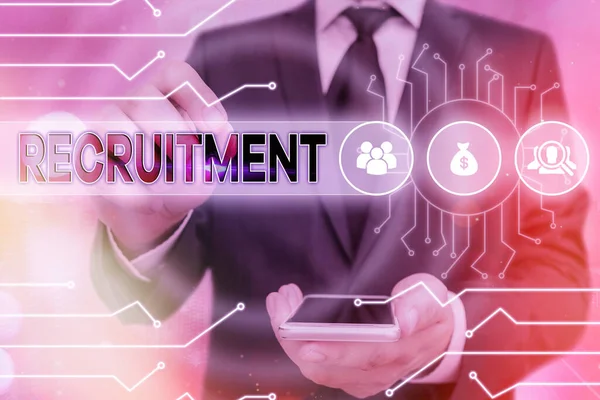 Handwriting text Recruitment. Concept meaning action of finding new possible employee to join organization or support System administrator control, gear configuration settings tools concept. — Stock Photo, Image