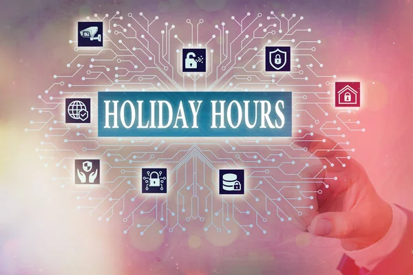 Writing note showing Holiday Hours. Business photo showcasing employee receives twice their normal pay for all hours System administrator control, gear configuration settings tools concept. — Stock Photo, Image