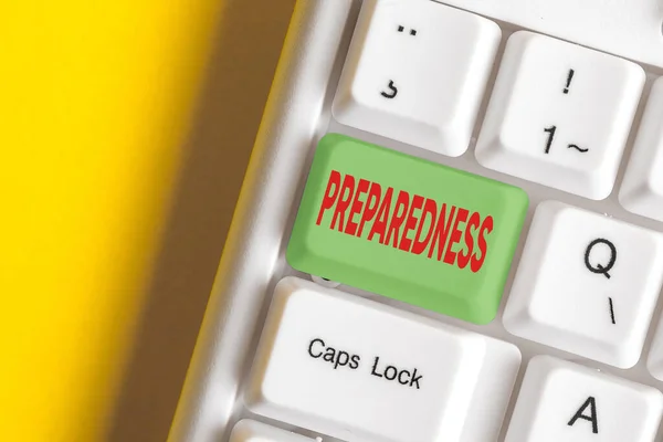 Writing note showing Preparedness. Business photo showcasing quality or state of being prepared in case of unexpected events Colored keyboard key with accessories arranged on empty copy space. — Stock Photo, Image