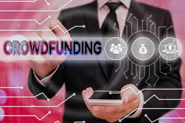 Handwriting text Crowdfunding. Concept meaning practice obtaining needed funding by soliciting contributions System administrator control, gear configuration settings tools concept. — Stock Photo, Image