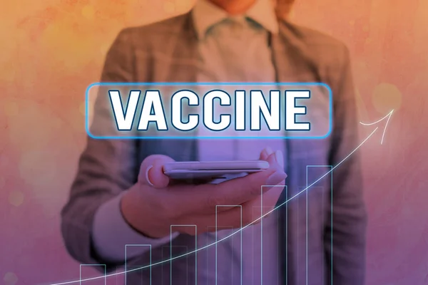 Skrivtext Vaccin. Begreppet "beredning av avlivade mikroorganismer eller levande försvagade organismer Pilsymbol som går uppåt betecknar punkter som visar betydande resultat. — Stockfoto