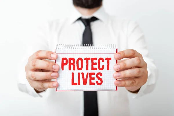 Word writing text Protect Lives. Business concept for to cover or shield from exposure injury damage or destruction Model displaying different empty color notepad mock-up for writing idea.