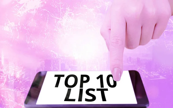 Konceptuell handstil som visar Top 10 List. Business foto text de tio viktigaste eller mest framgångsrika objekt i en viss lista Moderna prylar vit skärm under färgglada bokeh bakgrund. — Stockfoto