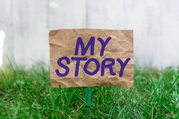 テキストを書く私の物語。人生の誰かに起こったことや状況のためのビジネスコンセプトスティックに取り付けられ、緑の芝生の土地に配置された砕いた紙. — ストック写真