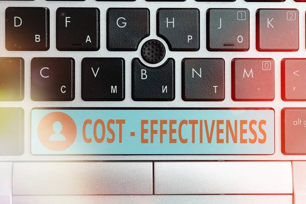 Text sign showing Cost Effectiveness. Conceptual photo degree to which something is effective in relation to its cost. Different Colored PC keyboard key With Accessories on Empty background.