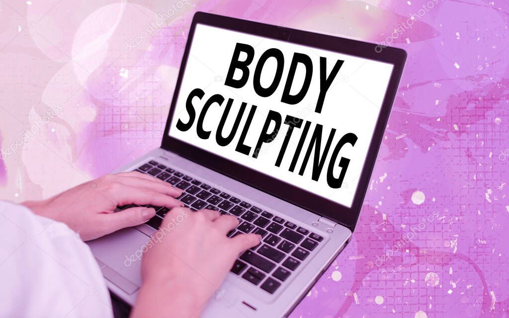 Word writing text Body Sculpting. Business concept for activity of increasing the body s is visible muscle tone Modern gadgets with white display screen under colorful bokeh background.