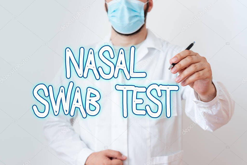 Writing note showing Nasal Swab Test. Business photo showcasing diagnosing an upper respiratory tract infection through nasal secretion Laboratory Technician Featuring Sticker Paper Smartphone.