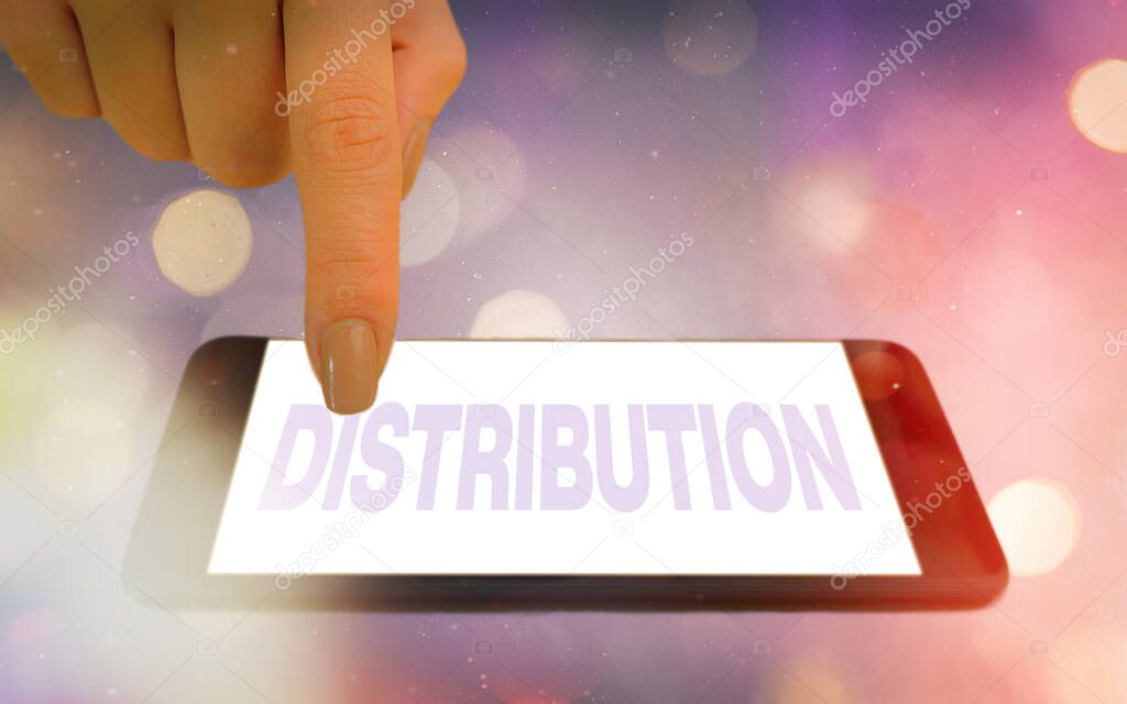 Conceptual hand writing showing Distribution. Business photo showcasing position, arrangement, or frequency of occurrence over an area Modern gadgets white screen under colorful bokeh background.