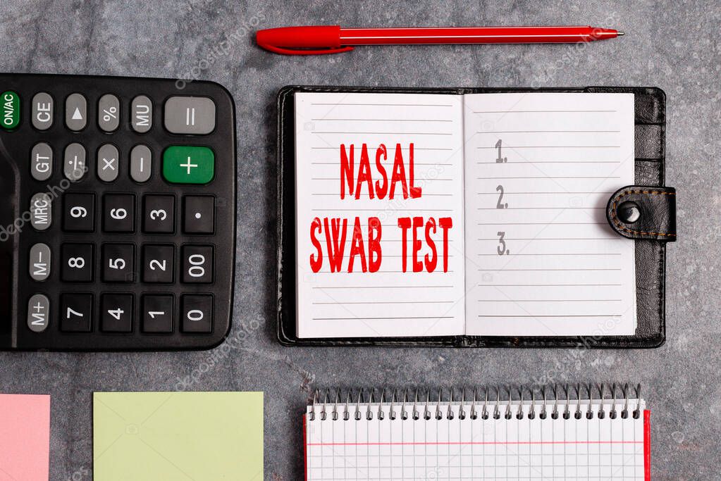 Word writing text Nasal Swab Test. Business concept for diagnosing an upper respiratory tract infection through nasal secretion Paper accesories with digital smartphone arranged on different