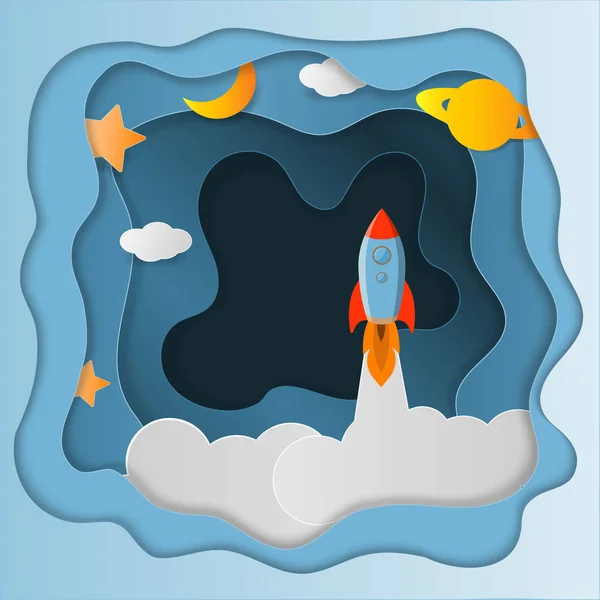 Roket fırlatma kağıt sanat tarzı. İş başlangıç kavramı.