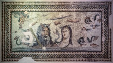 Gaziantep, Turkey - September, 11, 2018: Oceanus and Tethys Floor Mosaic in Gaziantep Zeugma Mosaic Museum on September, 11, 2018. Zeugma Mosaic Museum in Gaziantep, Turkey is one of the largest mosaic collection of the world. clipart