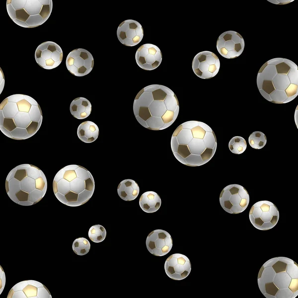 Dourado Soccer-bolas isolado no fundo preto sem costura padrão 3d ilustração — Fotografia de Stock