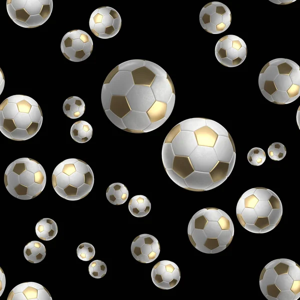 Dourado Soccer-bolas isolado no fundo preto sem costura padrão 3d ilustração — Fotografia de Stock