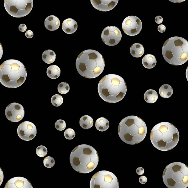 Dourado Soccer-bolas isolado no fundo preto sem costura padrão 3d ilustração — Fotografia de Stock