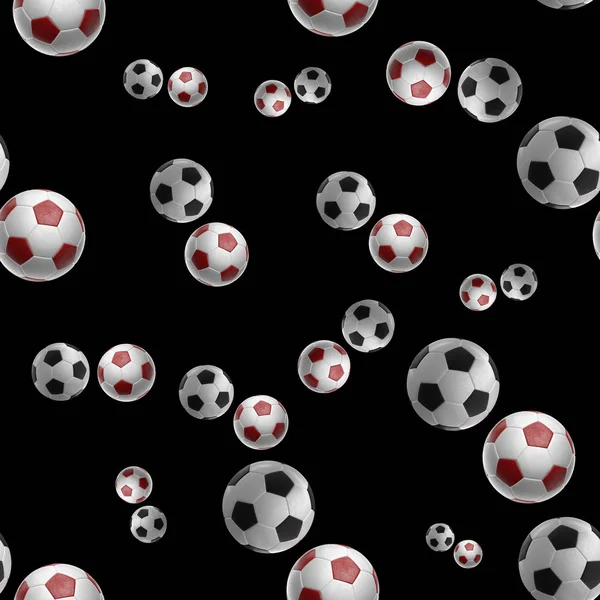 Vermelho Soccer-bolas isolado no fundo preto sem costura padrão 3d ilustração — Fotografia de Stock