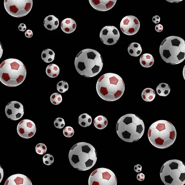 Vermelho Soccer-bolas isolado no fundo preto sem costura padrão 3d ilustração — Fotografia de Stock